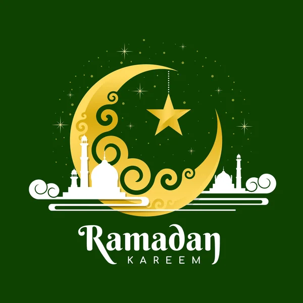 Ramadan Kareem Gold Moon Star Hang White Mosque Cloud Green — Vector de stock