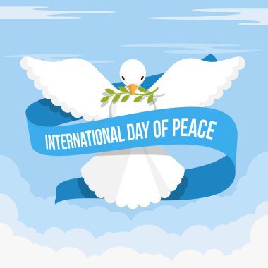 International day of peace - front view white dove of peace flying with blue ribbon roll around on blue sky background vector design