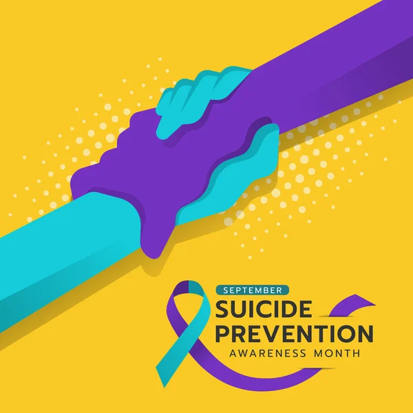 Suicide prevention awareness month text and suicide awareness prevention ribbon sign and hand hold hand care sign on yellow background vector design
