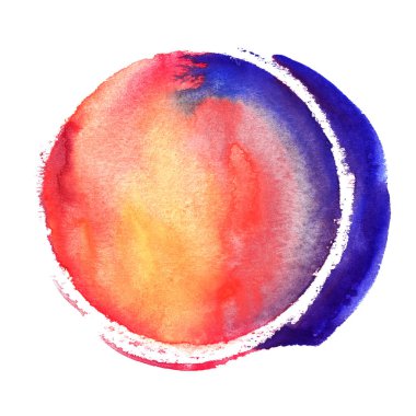 Mavi, mor ve cyan renginde suluboya yuvarlak daire deseni beyaz arka planda izole edilmiş ve kenarları düz değil. Çok renkli boş bir tuval. Soyut el çizilmiş renkli suluboya küresi.