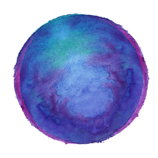 紫罗兰和蓝色水彩画圆形纹理飞溅孤立在白色背景与不均匀的边缘 对称空白彩色彩绘画布 抽象手绘彩色水彩画球 — 图库照片
