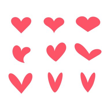 Elle çizilmiş kalpler pembe rengi doldurur. Beyaz arkaplanda el çizimi sert işaretli kalpler izole.