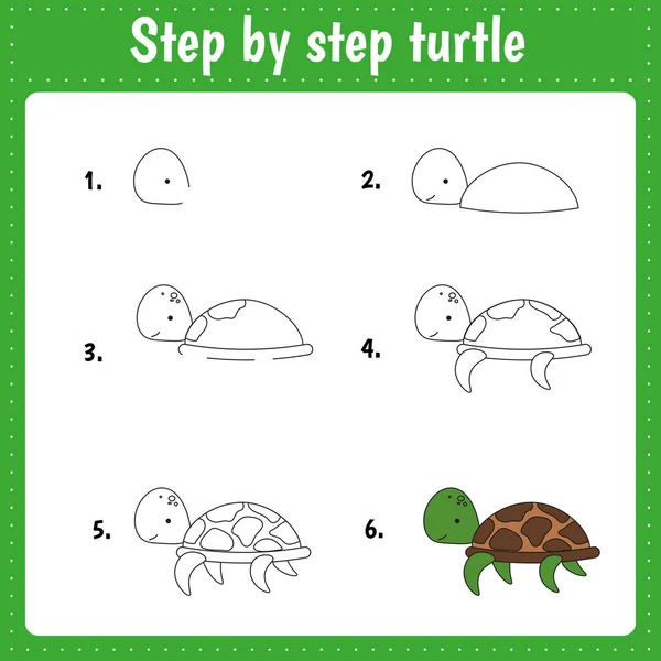 Lección Dibujo Para Niños Cómo Dibujar Una Tortuga Tutorial Dibujo — Vector de stock