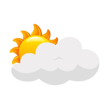 Bulutların altındaki çizgi film güneşi. Çocuklar için taşıyıcı. Hava durumu simgesi. Web simgesi.