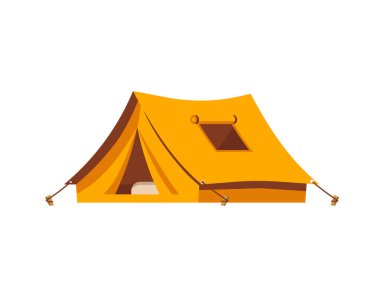 Kamp Çadırı vektör çizimi. Çadır sarı, turuncu. İzole edilmiş dış mekan çizimi. Yürüyüş, avcılık, balık tuval. Beyaz arkaplan üzerinde turist çadırı tasarımı.