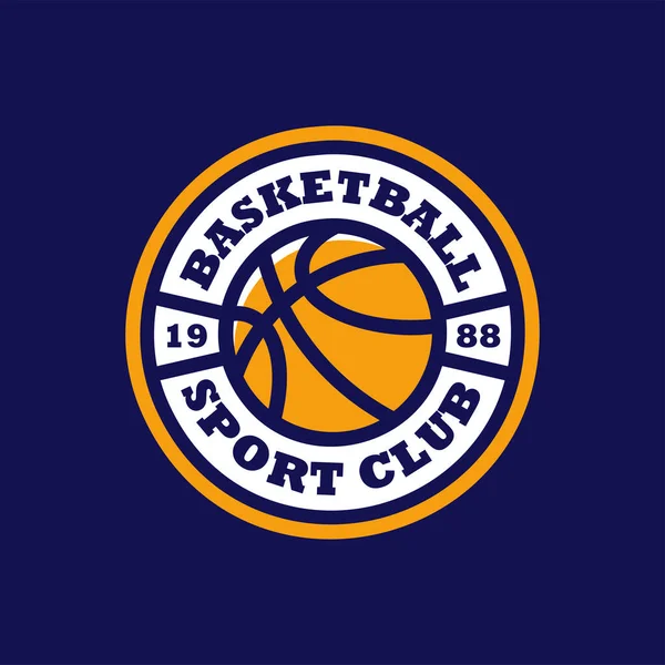 Basketbol renkli vintage logosu. Mavi ve sarı amblem. Açık ve koyu mavi arkaplanda Retro top logosu