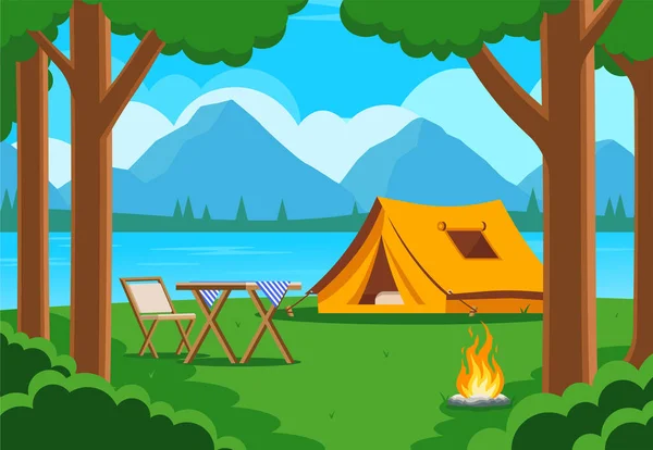 Plakat Obozu Leśnego Namiotem Krzesłem Stołem Ogniskiem Pojęcie Podróży Turystyki — Wektor stockowy