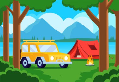 Kamyon, çadır ve şenlik ateşiyle dolu orman kampı posteri. Seyahat, yürüyüş ve aktivite konsepti. Ağaçlı karikatür manzaralı vektör pankartı, yeşil çimlerde kamp alanı ve arka planda dağlar