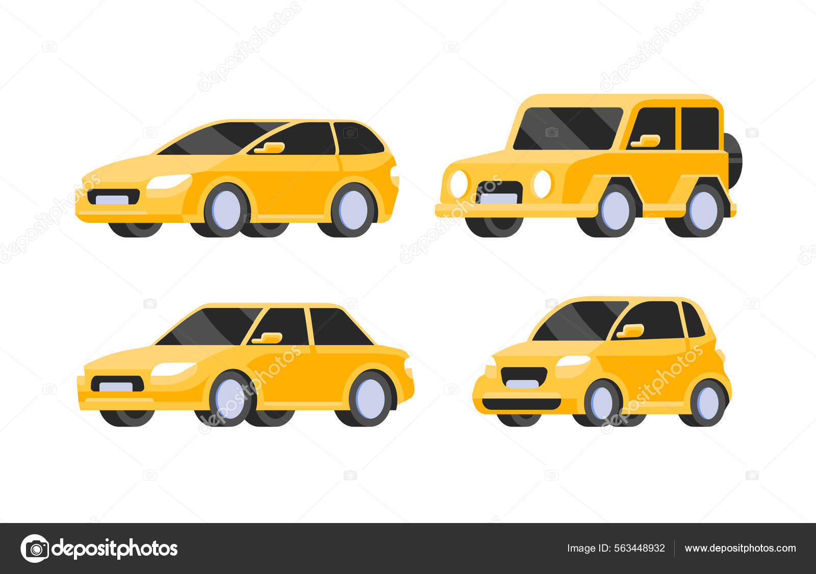 Yellow Cars Icons Collection Vector Illustration Flat Style Cars