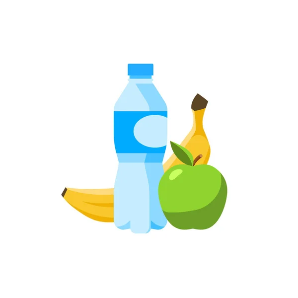 Ensemble Vecteur Plat Alimentaire Sain Bouteille Eau Pomme Verte Banane — Image vectorielle