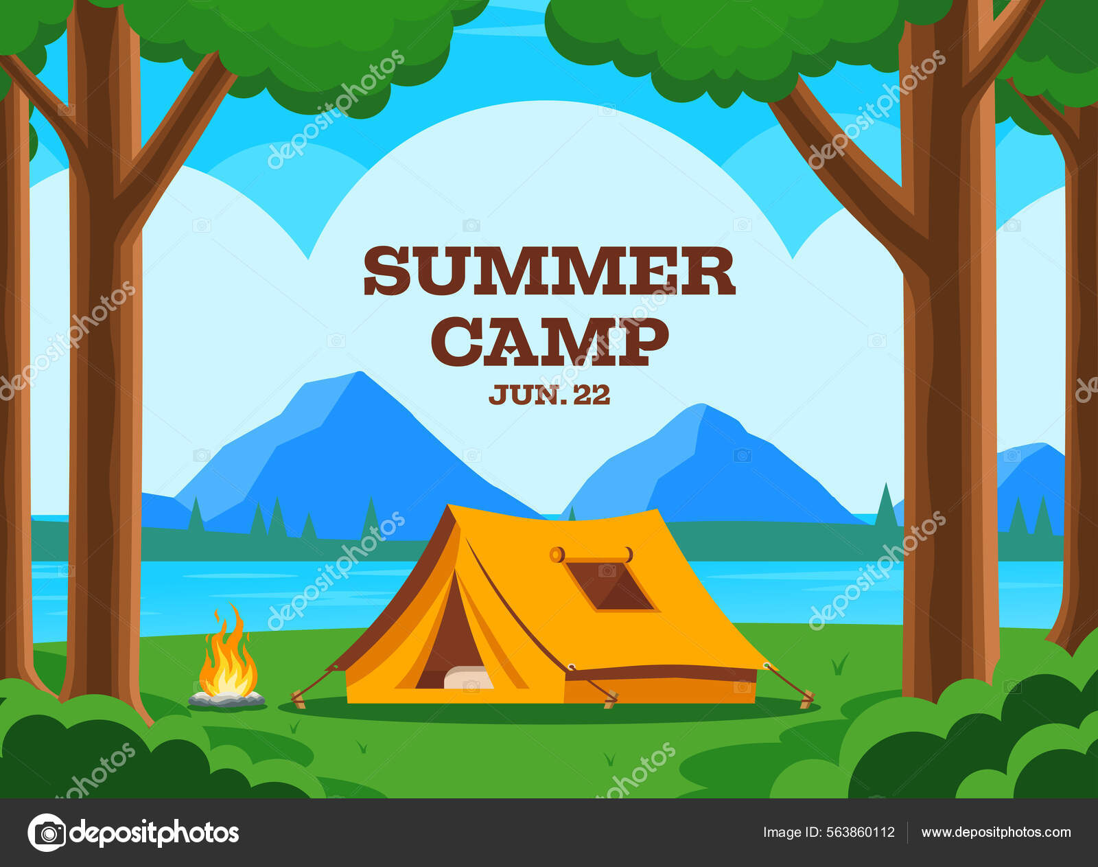 Summer Camp Invitation Card Flat Vector Camping Landscape Camping Scenery  Stock Vector Image by ©markskitsky #563860112