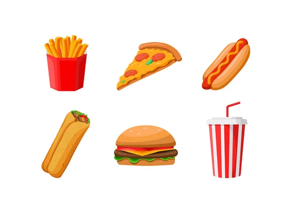 Fast Food Meals Set Classic Burger French Fries Pack Hot — Stock Vector