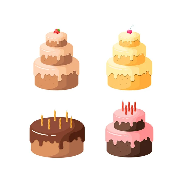 Set Birthday Cakes Flat Style Different Colors Cakes Strawberry Cherry — Vector de stock