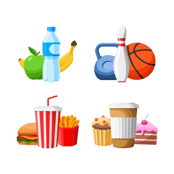 Sağlıklı ve sağlıksız bir yaşam tarzı. Sağlıklı yiyecekler, spor malzemeleri, fast food ve tatlılardan oluşan düz vektör çizimleri. - Kahve. - Su. Hayat seçimleri. 