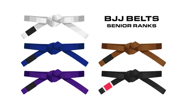 Brezilya Jiu Jitsu yetişkin kemeri sıralama sistemi. Vektör illüstrasyonu beyaza izole edildi. Bjj beyaz, mor, kahverengi ve siyah kuşak. Logo posterleri ve diğerleri için şablon.