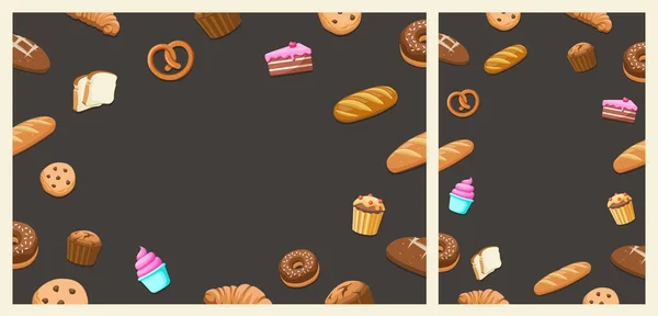 Bannière Boulangerie Sur Fond Noir Foncé Avec Produits Desserts Affiche — Image vectorielle