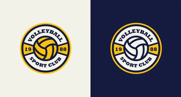 Voleybol takımının renkli klasik logosu. Mavi ve sarı amblem. Açık ve koyu mavi arkaplanda Retro top logosu