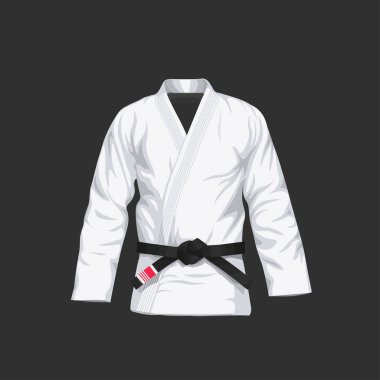 Siyah kuşak vektör illüstrasyonlu düz bir BJGi. Brezilya Jiu-Jitsu beyaz kimonosu. İzole edilmiş. siyah arkaplan.