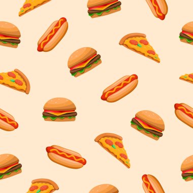 Fast food vektörünün düz bir şekli var. Hamburger, sosisli, pizza..