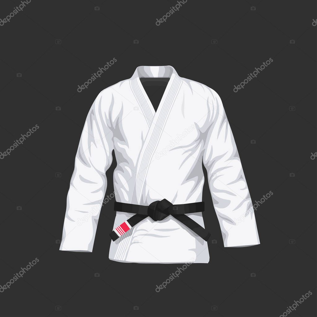 BJJ Gi with black belt vector illustration in flat style. Brazilian Jiu-Jitsu white kimono. Isolated. on black background.