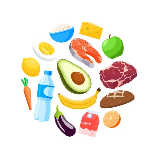 Coleção Comida Saudável Círculo Estilo Plano Legumes Carne Peixe Frutas —  Vetores de Stock