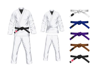 BJJ White Gi düz vektör çizimi. Kemerli kimono ve pantolon düz stil vektör çizimi. Brezilya Jiu-Jitsu kiti. İzole edilmiş. siyah arkaplan.