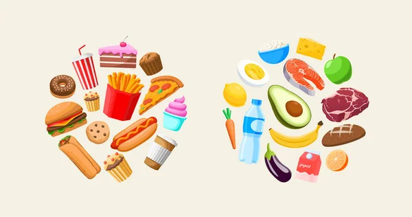 Υγιή Ανθυγιεινά Τρόφιμα Επίπεδη Διανυσματική Απεικόνιση Fast Food Και Υγιεινά — Διανυσματικό Αρχείο