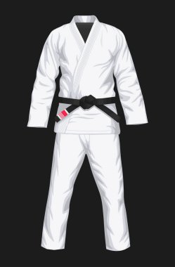 BJJ White Gi düz vektör çizimi. Kimono ve siyah kuşak vektör illüstrasyonlu pantolonlar. Brezilya Jiu-Jitsu kiti. Siyah arkaplanda izole.