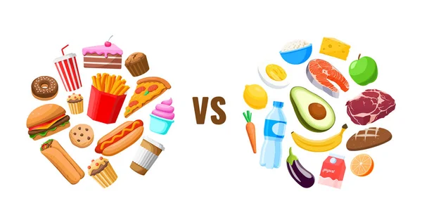 Healthy vs unhealthy food flat vector illustration. Fast food versus healthy food in circles. On white background