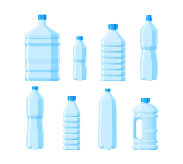 Set Different Water Bottles Flat Vector Style Collection Blue Water —  Vetores de Stock