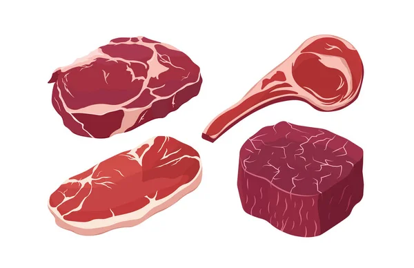 Different kinds of raw red meat vector illustrations in flat style. Beefsteak, pork, filet mignon, lamb chop. Isolated collection of meats. 