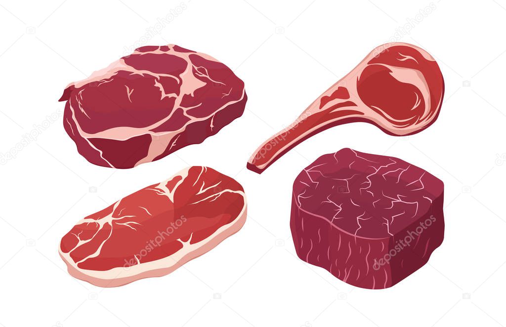 Different kinds of raw red meat vector illustrations in flat style. Beefsteak, pork, filet mignon, lamb chop. Isolated collection of meats. 