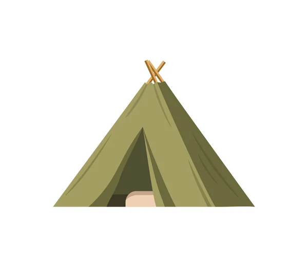 Green Pyramid Tent for Camping vector illustration. Isolated Outdoor illustration. Hiking, hunting, fishing canvas. Tourist Tent design over white background.