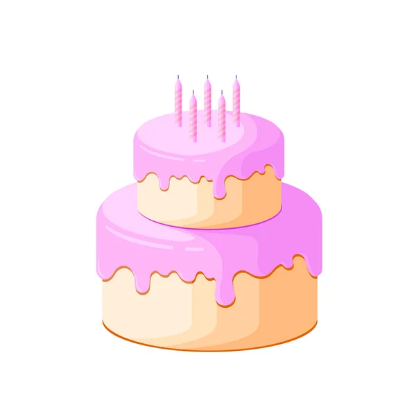 Birthday Cake Pink Topping Flat Style Cake Candles Vector Illustration — Stock Vector