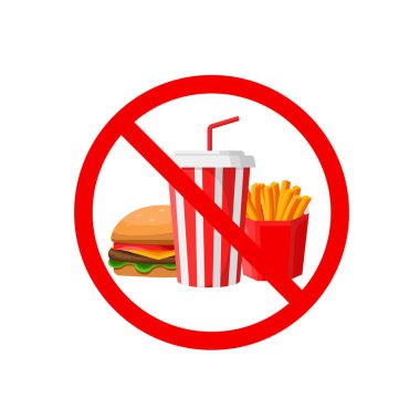 Fast food yok, yemek yok düz vektör işareti yok. Yiyeceklerle girmeyin. Sağlıksız yemek yok.. 