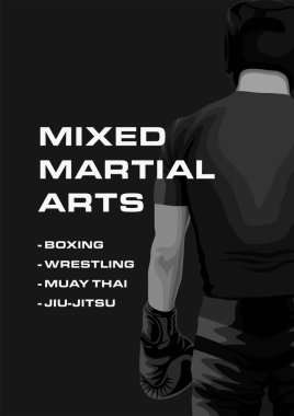 Siyah arkaplanda avcı illüstrasyonu olan MMA siyah ve beyaz vektör dikey posteri. Pankart