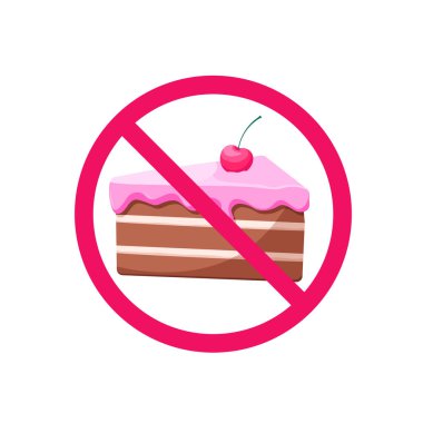 Tatlı tabelası yok. Pasta yok. Diyet olsun. Pembe Topping ve kirazlı bir dilim kek. Bir dilim kek. Düz tatlı çizimi. Sweets yok. Sağlıklı beslenme