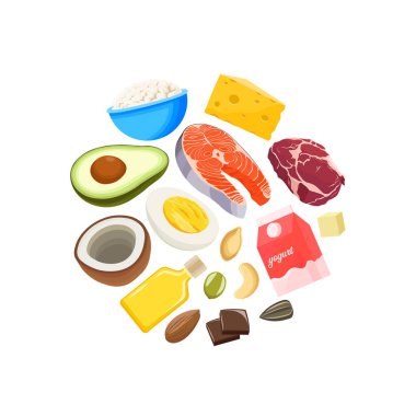 Düz bir dairede sağlıklı yağların toplanması. Yağ açısından zengin sağlıklı yiyecek koleksiyonu.