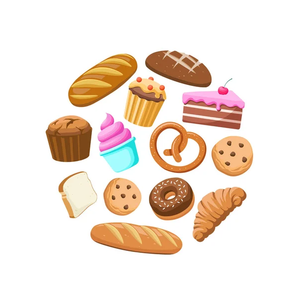 Set of bakery products flat vector illustrations. Bread, donut, croissant, muffin, cookies. Bakery food in a circle illustrations. Flour products. Baking Showcases icon.