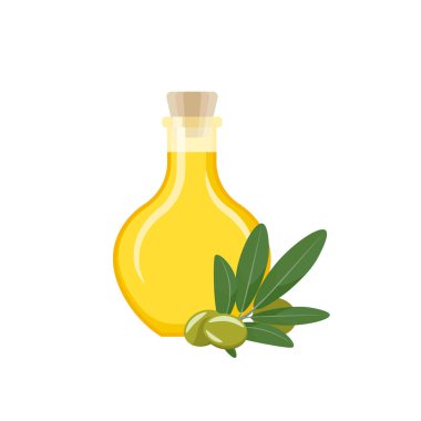 Bir şişe mantarlı zeytinyağı. Zeytin dalı ve zeytin meyveli cam yağ şişesi düz vektör çizimi. Zeytinyağı kompozisyonu. Beyaz arkaplanda izole tasarım.
