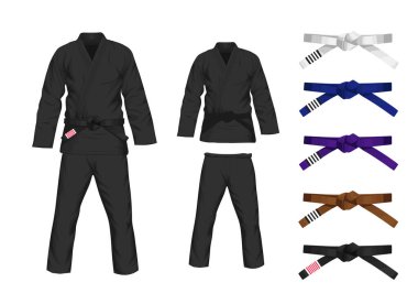 BJJ White Gi düz vektör çizimi. Kemerli kimono ve pantolon düz stil vektör çizimi. Brezilya Jiu-Jitsu kiti. İzole edilmiş. siyah arkaplan.
