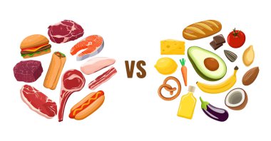 Et yiyen vejetaryenliğe karşı. Et, balık, fast food. Avokado, peynir, fırın, sebze. Düz vektör illüstrasyonu.