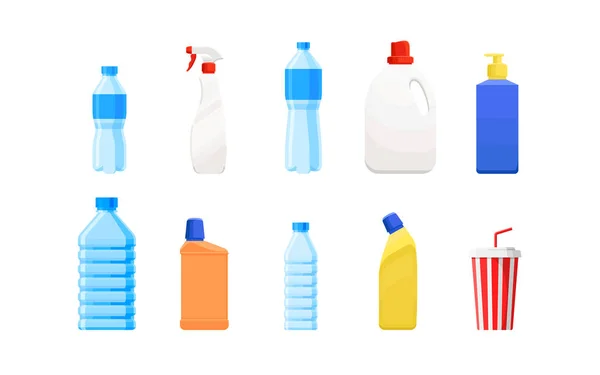 Plastik şişeler ve konteynırlar düz stile sahip. Plastik atık koleksiyonu. İzole edilmiş