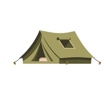 Yeşil Kamp Çadırı ve yatak vektör çizimi. İzole edilmiş dış mekan çizimi. Yürüyüş, avcılık, balık tuval.