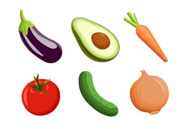 Sebzeler düz vektör çizimi. Sebze koleksiyonu. Avokado, patlıcan, salatalık, domates. 
