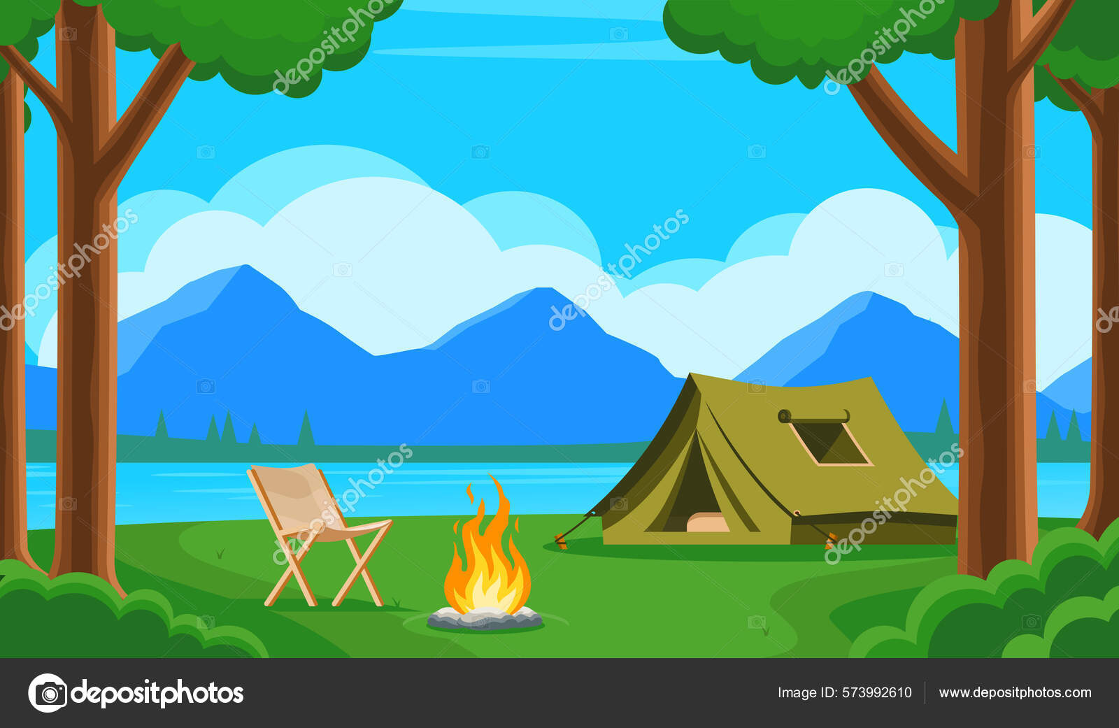 Forest Camp Poster Green Tent Chair Bonfire Concept Travel Hiking Stock