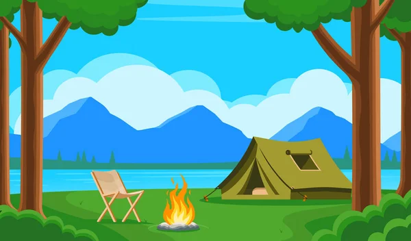 Cartel Del Campamento Forestal Con Carpa Verde Silla Hoguera Concepto — Vector de stock