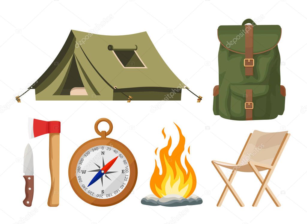 Set of hiking equipment flat vector illustrations. Collection of different staff for tourism. Tent, bonfire, axe, knife, backpack. 