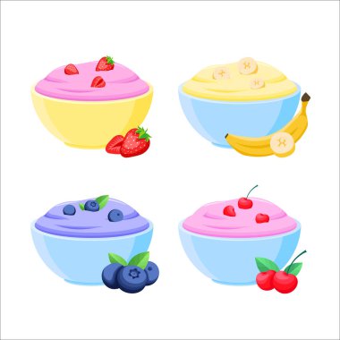 Çizgi film tarzında farklı meyve yoğurtları. Meyveli yoğurt seti. Farklı meyveli krema koleksiyonu. Muz, çilek, yabanmersini, kiraz.