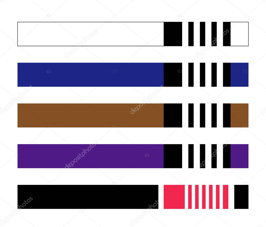 bjj belt system diagram flat illustration. White, blue, brown, purple, black. Belts progression.